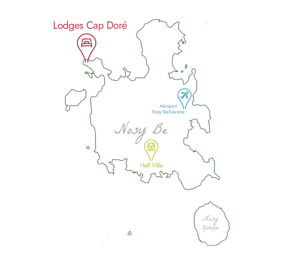 Carte de Nosy Be avec localisation des Lodges Cap Doré à Andilana